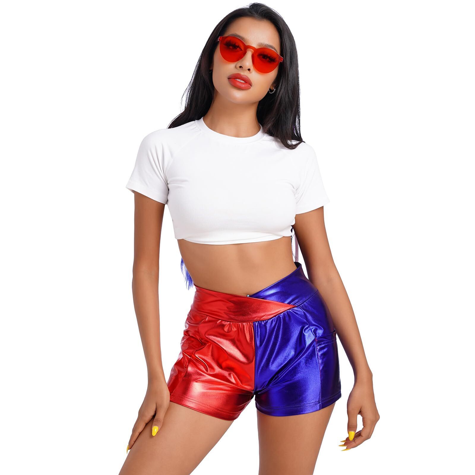 4276 Rave Outfit For Women: Adult Metallic Red And Blue Shorts